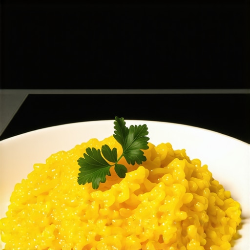 A plate of saffron risotto garnished with fresh herbs in an elegant presentation