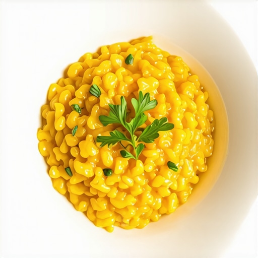 A beautifully plated saffron risotto with herbs in a white bowl