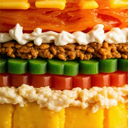 Close-up of a colorful layered pressure cooker meal demonstrating ingredient layering techniques.