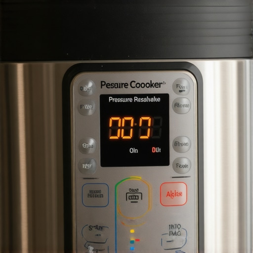 Close-up of a sleek digital pressure cooker with steam valve and display