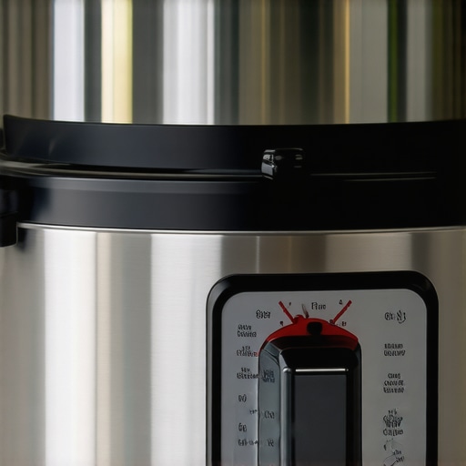 A clean multicooker with open lid showing sealed pressure valves in a tidy kitchen environment.