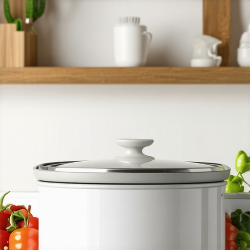 An elegant slow cooker surrounded by fresh vegetables and herbs in a cozy kitchen scene