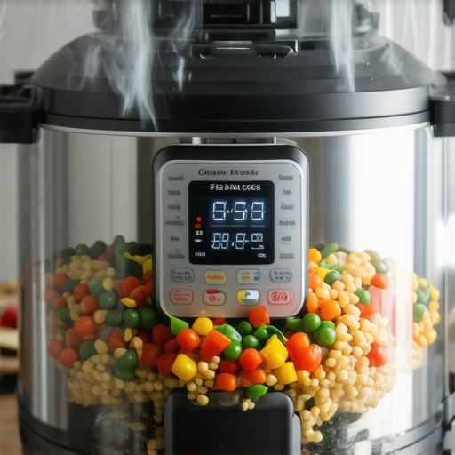 Close-up of a colorful pressure cooker dish with vegetables and grains, steaming and ready to serve.