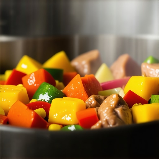 Close-up of a colorful, hearty pressure cooker stew with vegetables and meat