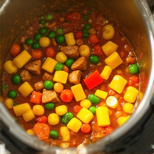 A colorful, delicious-looking one-pot meal prepared in a multicooker, showcasing fresh ingredients and expert layering techniques