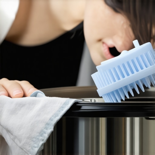 Person cleaning a multicooker with silicone brushes and cloth