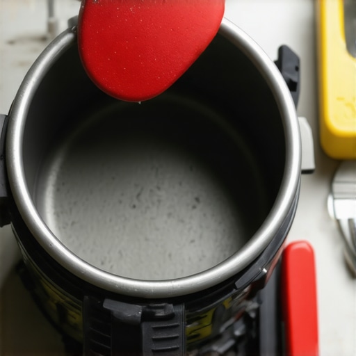 Person inspecting pressure cooker gasket with silicone scraper and tools in a modern kitchen.