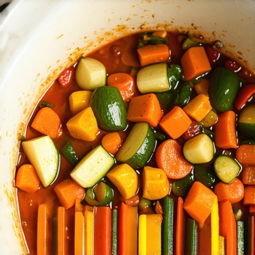 Close-up of a colorful layered one-pot meal in a MultiCooker showing vegetables and herbs
