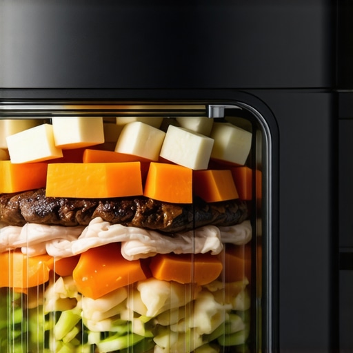 Layering Ingredients in a Multicooker Close-up of a multicooker with layered vegetables and meat for a one-pot meal.