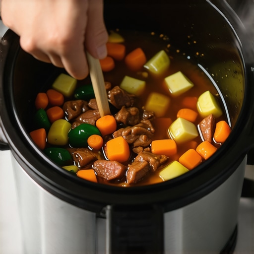 Person layering vegetables and meat in a slow cooker for optimal results
