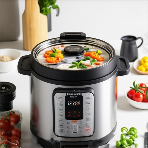 Modern multicooker with fresh ingredients in a kitchen setting