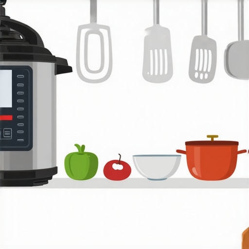 Kitchen countertop with pressure cooker, vegetables, and spices.