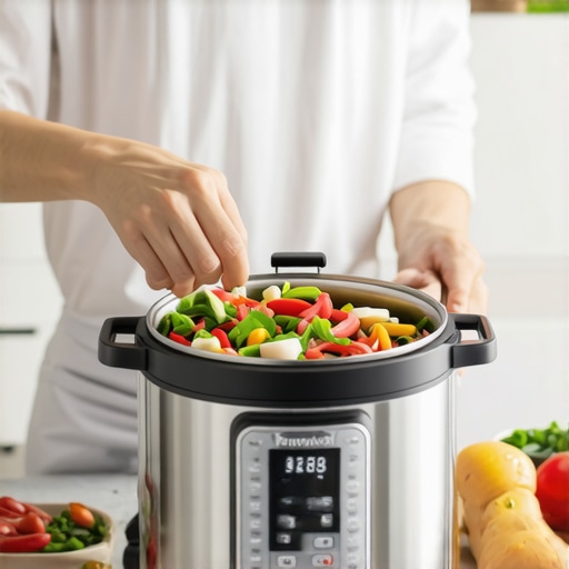 Person chopping vegetables in a kitchen with an instant multicooker on the counter