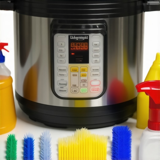 Tools and cleaning supplies arranged near a well-maintained pressure cooker for long-term use.