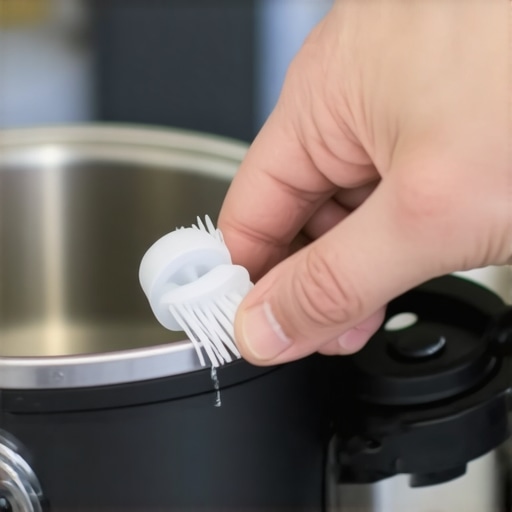 Person cleaning the valve of a pressure cooker with a soft brush for maintenance