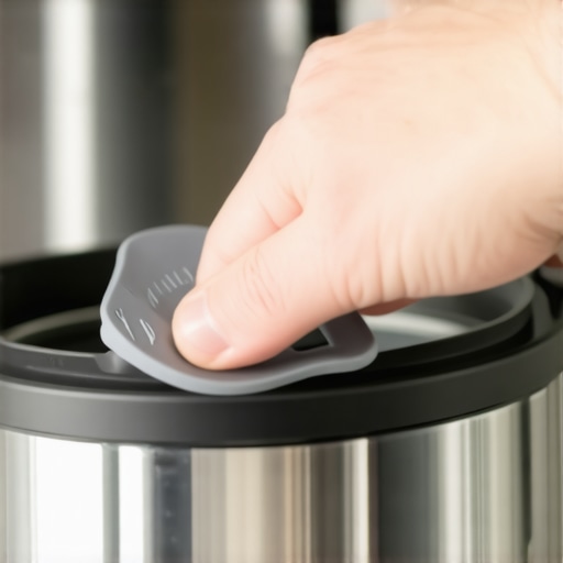 Person cleaning pressure cooker gasket with silicone scraper in kitchen.