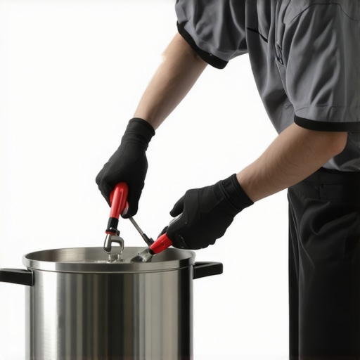 A person cleaning a pressure cooker with tools in a well-lit kitchen.