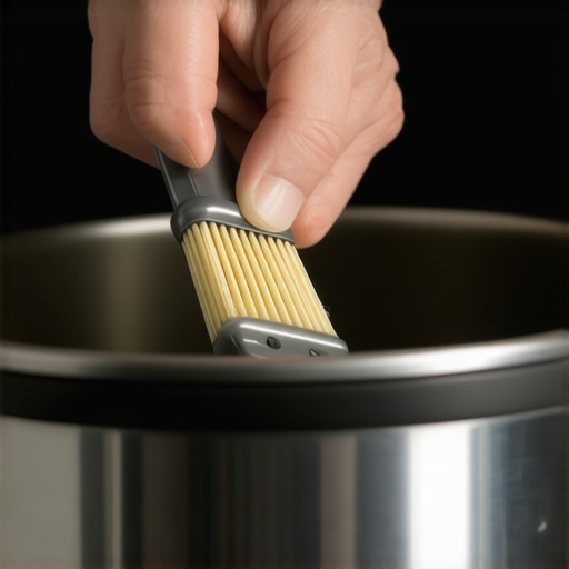 Person cleaning vapor valve of pressure cooker with a brush for maintenance.