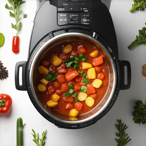 A multicooker on a kitchen countertop surrounded by vegetables and spices, preparing a meal.