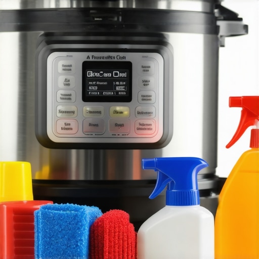 A clean and well-maintained pressure cooker placed on a kitchen counter, surrounded by cleaning brushes and accessories