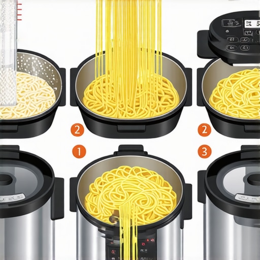 Sequential images demonstrating the process of preparing pasta in a multicooker, from measuring ingredients to serving.
