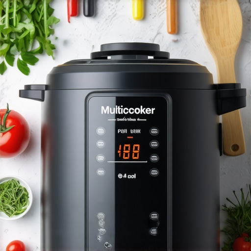 A colorful kitchen scene with a multicooker surrounded by chopped vegetables and seasoning ready for cooking.
