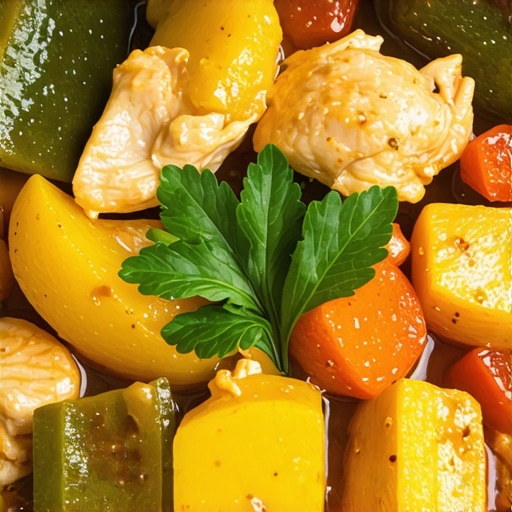 A vibrant bowl of homemade chicken and vegetable stew garnished with fresh herbs.
