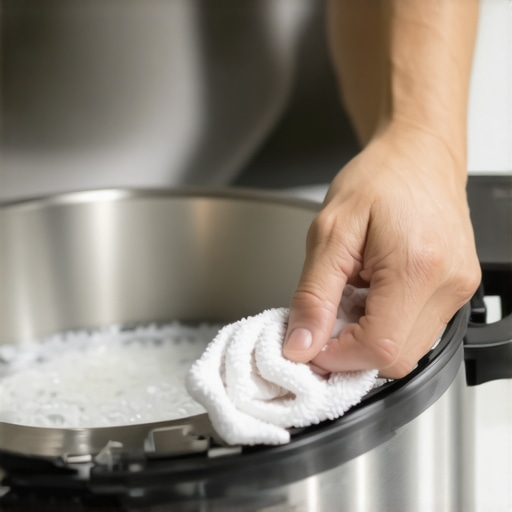 Person cleaning a multicooker gasket with vinegar and a cloth, highlighting appliance care.