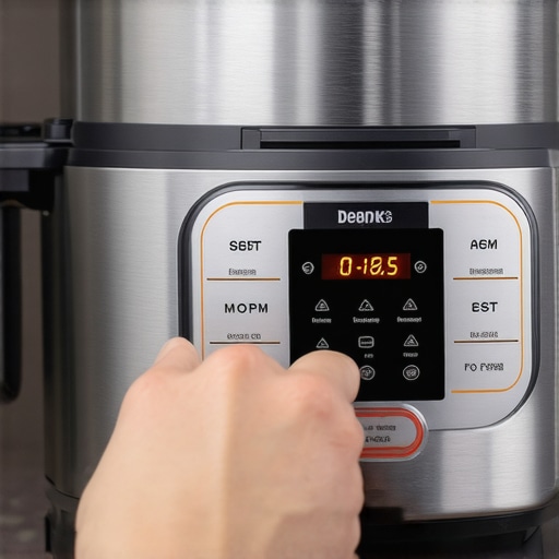 Person adjusting settings on a multicooker with various buttons and display screens.