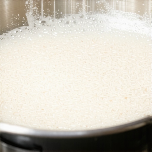 Close-up image of rice soaking in water inside a pressure cooker, ready for cooking.
