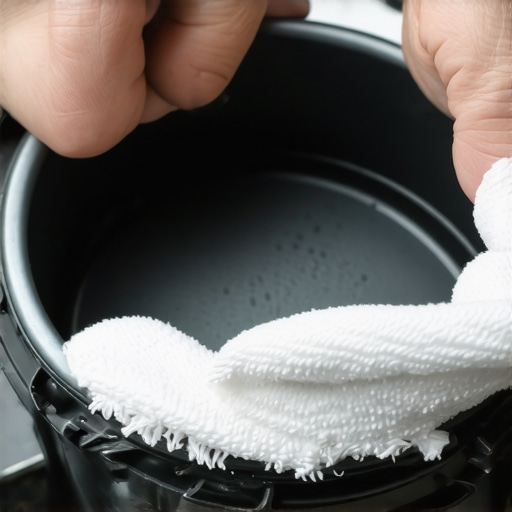 Person cleaning pressure cooker gasket with cloth, ensuring proper maintenance