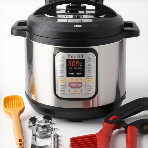 A pressure cooker and cleaning tools on a kitchen counter, demonstrating maintenance practices