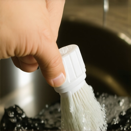Person cleaning a pressure cooker valve with a brush
