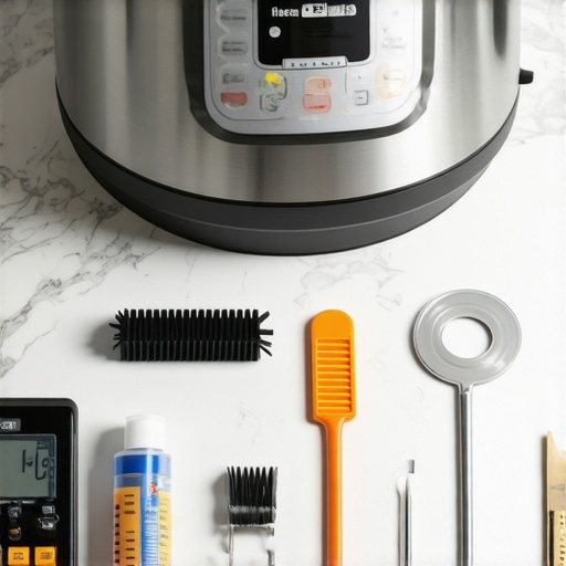 Tools for maintaining and cleaning a pressure cooker, including gasket lubricant, cleaning brushes, and a digital thermometer, organized on a kitchen surface.