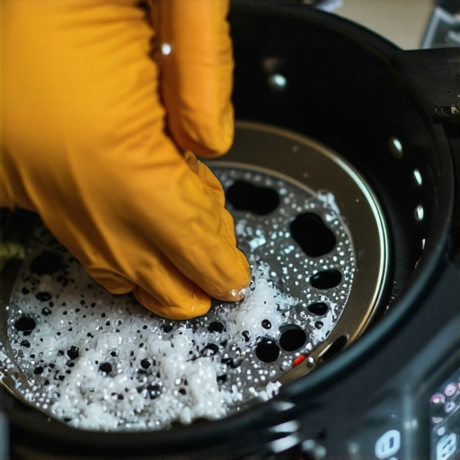 A person gently cleaning a multicooker with brushes and cloths, focusing on the seals and display