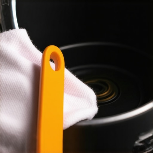 A person cleaning a pressure cooker's gasket and pressure valve with specialized tools in a well-lit kitchen.