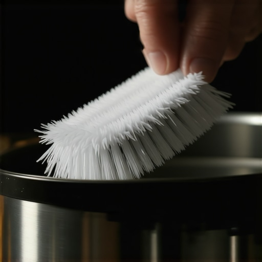 Person cleaning multicooker pressure valve with a brush
