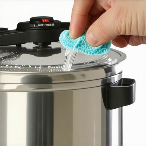 Close-up of pressure cooker lid being locked and pressure valve being cleaned